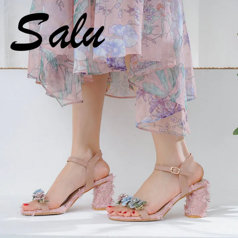 

Salu High Heels Sandals Women Thick Heels Real Leather Summer Shoes Buckle Strap Black Pink 2019 Fashion Ladies Shoes