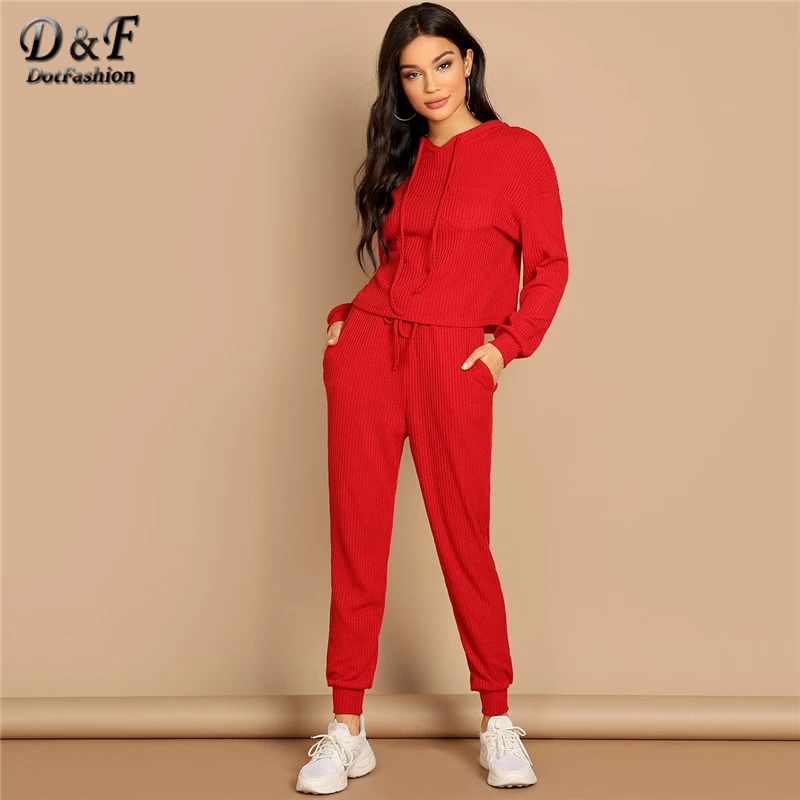 

Dotfashion Red Pocket Patched Solid Hoodie And Drawstring Waist Pants Set Womens 2019 Fashion Autumn Casual Two Piece Outfits
