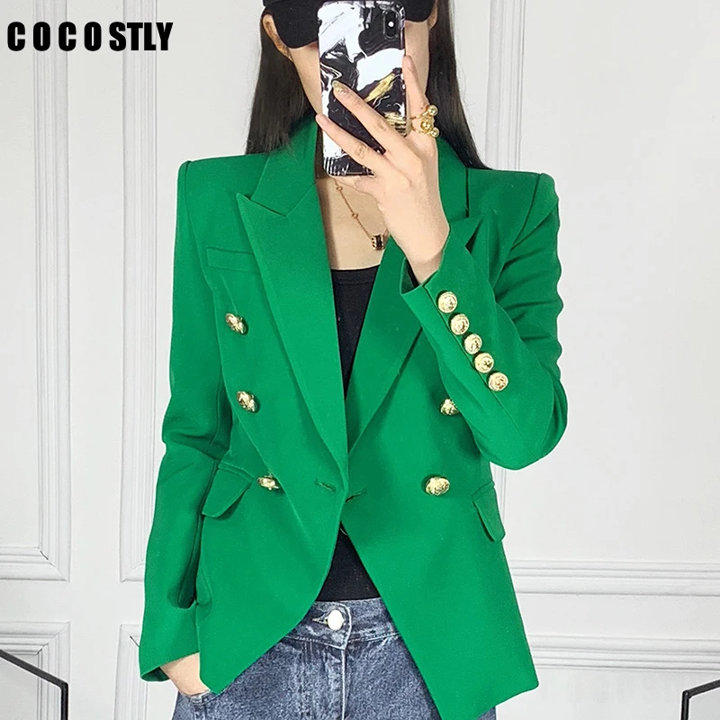 

Double Breasted Green Blazer Women Designer High Quality Office Lady Jacket Long Sleeve Notched Neck Autumn Blazers 2019 New