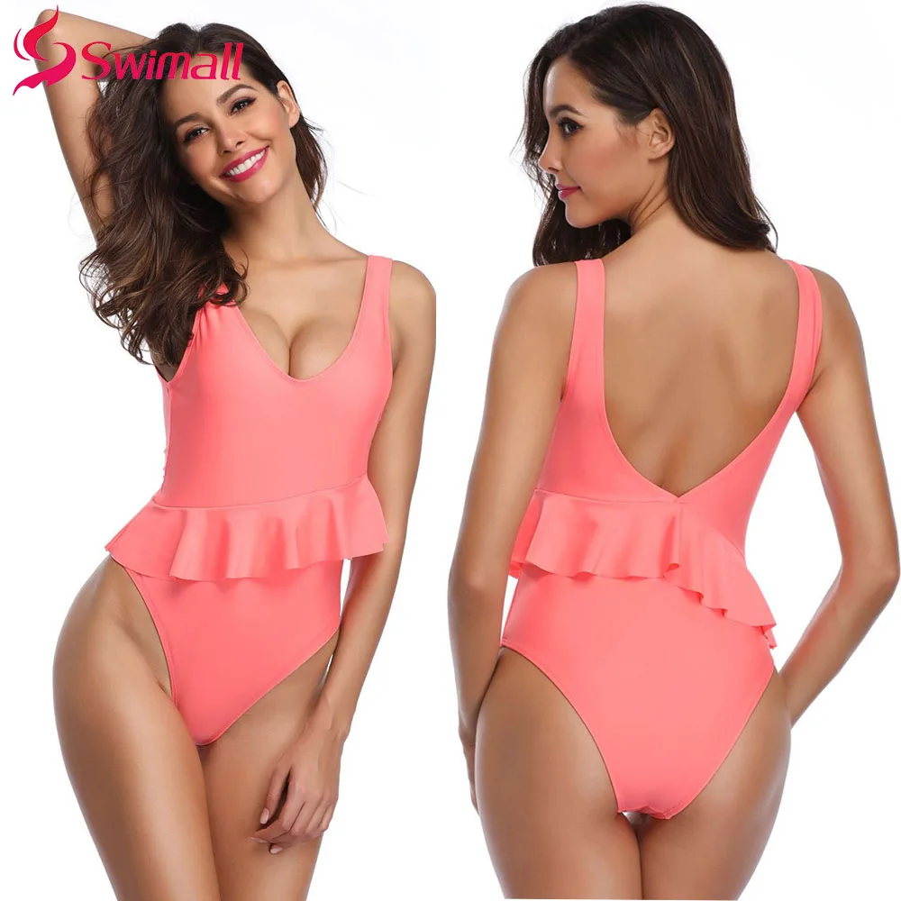 

Sexy 2019 ladies solid color swimsuit integrated shoulder ruffled backless woman swimwear beachwear summer swimming Brazil