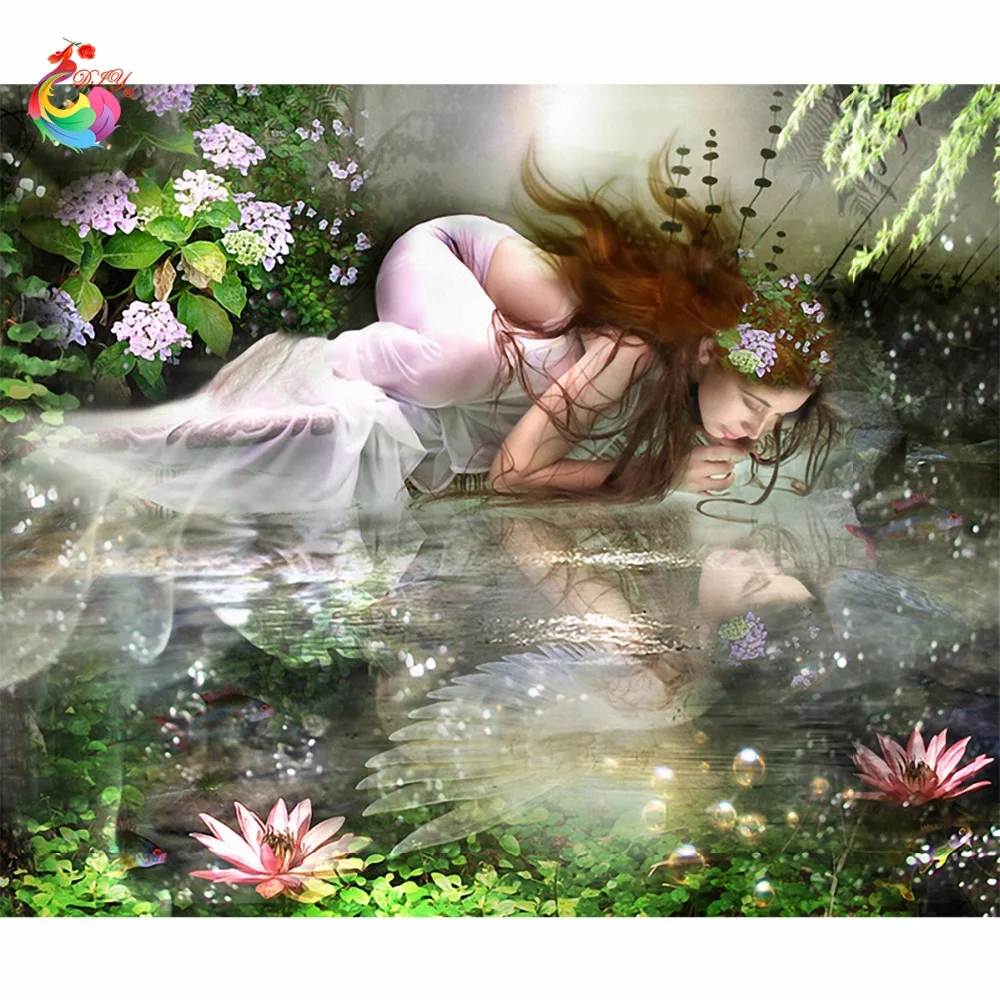 

Girl and lake rhinestones diamond embroidery diamond mosaic pictures DIY diamond painting needlework Rubik cube long hair