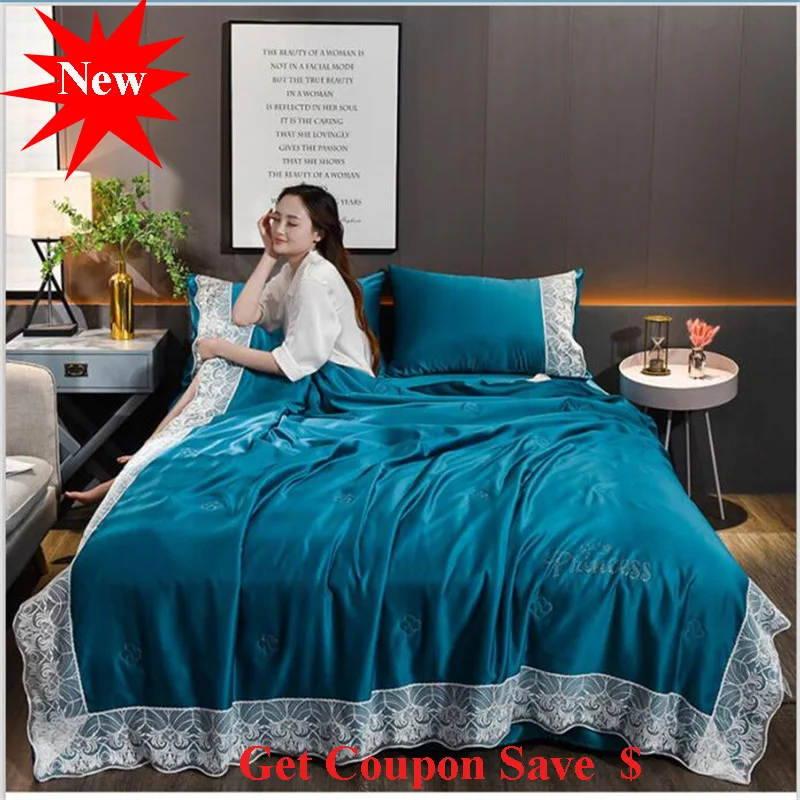

Lace Edge ice silk summer quilt set 4pcs summer duvet pillowcase bed sheet sets air conditioning quilt blanket free shipping