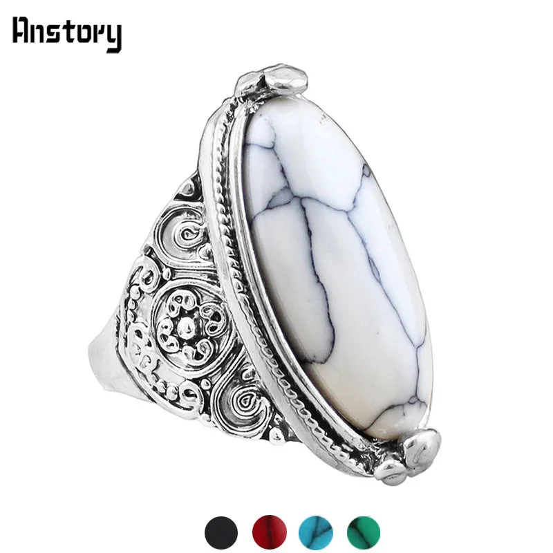 Fashion Jewelry Vintage Look Tibetan Alloy Antique Silver Plated Personality White Oval Turquoise Ring TR362