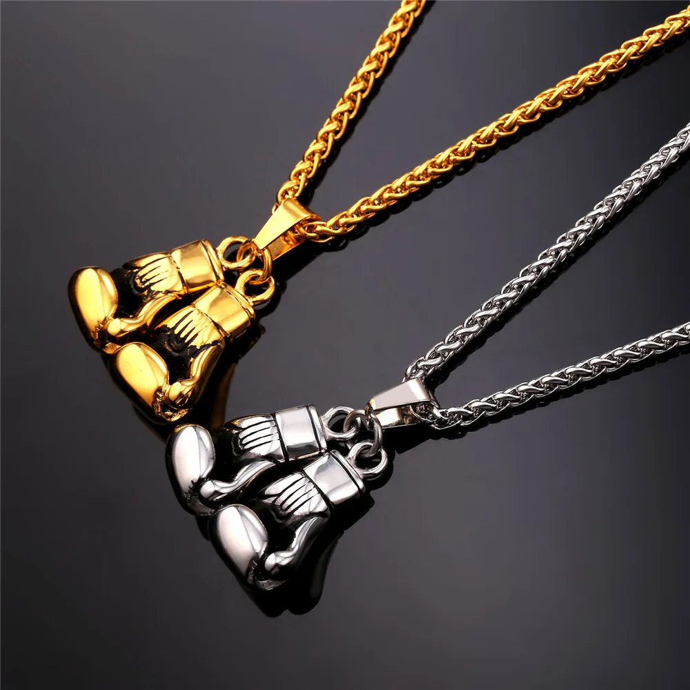 Kpop Necklace Men Sport Jewelry Boxer Gift Stainless Steel Gold Color Boxing Gloves Pendant Necklace P2171