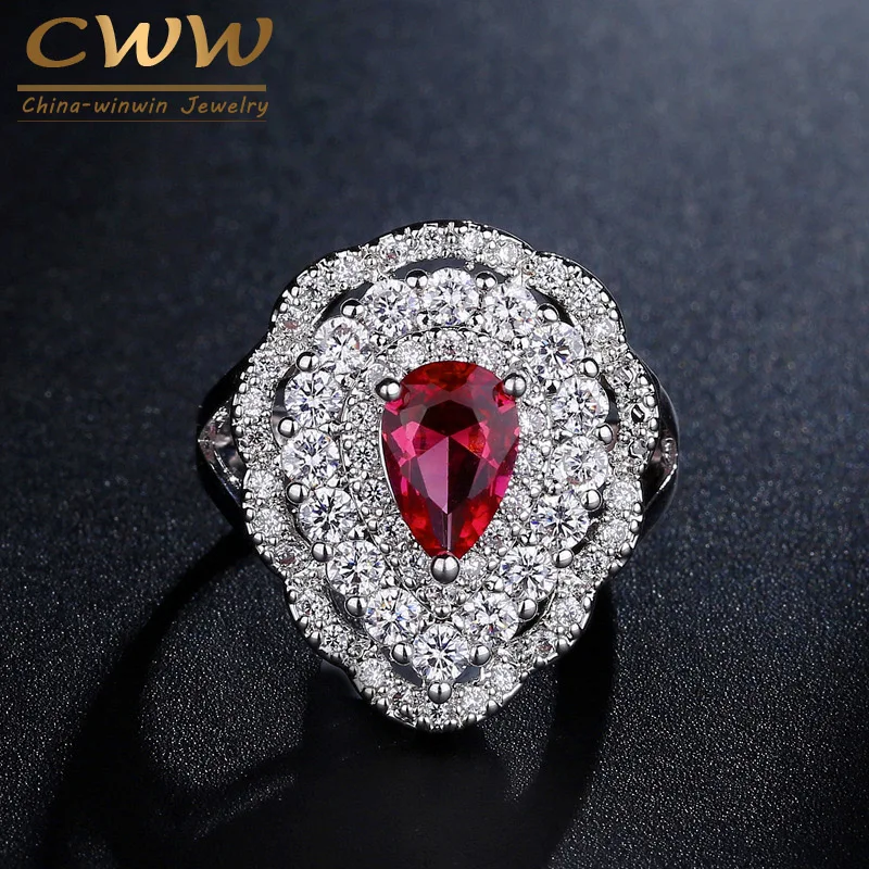 

CWWZircons Brand Brilliant CZ Women Jewellery Big Water Drop Rose Red Cubic Zirconia Female Ring For Wedding Party R102