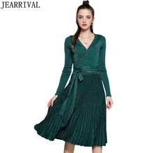 Новая мода Sequines Платья для вечеринок осень 2017 г. Для женщин Повседневное с длинным рукавом v-образным вырезом ремень трикотажные зимние платья Vestidos Mujer