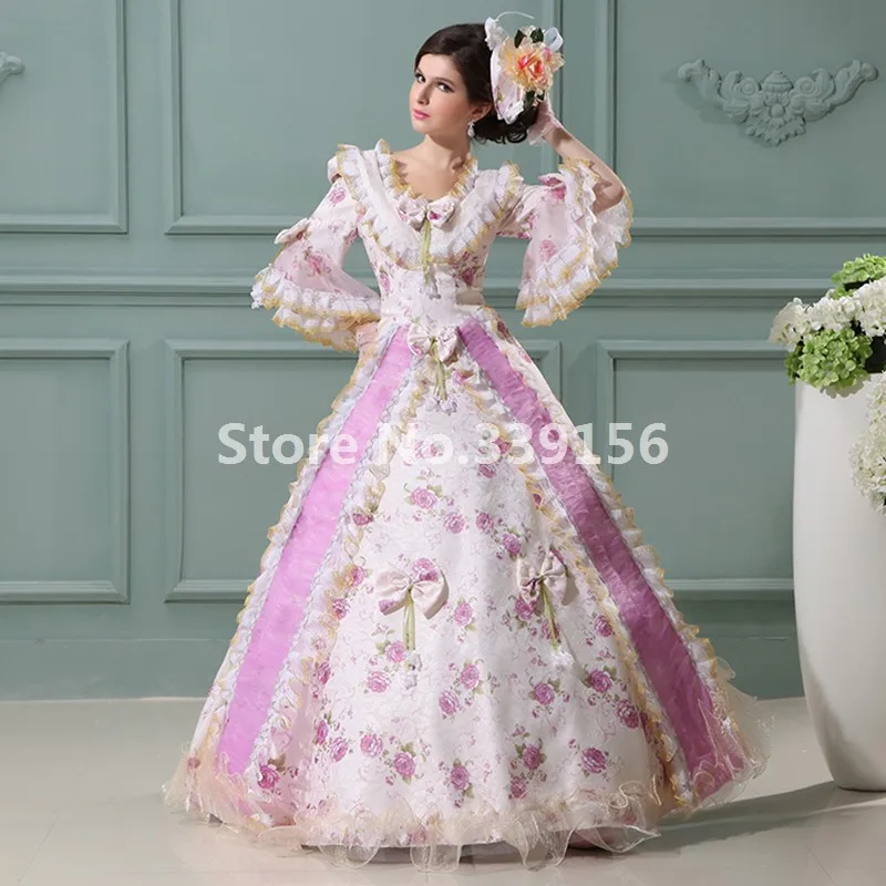 

Pink Printed Bow Victorian Medieval Wedding Gowns Civil War Southern Belle Ball Gown Marie Antoinette Dresses