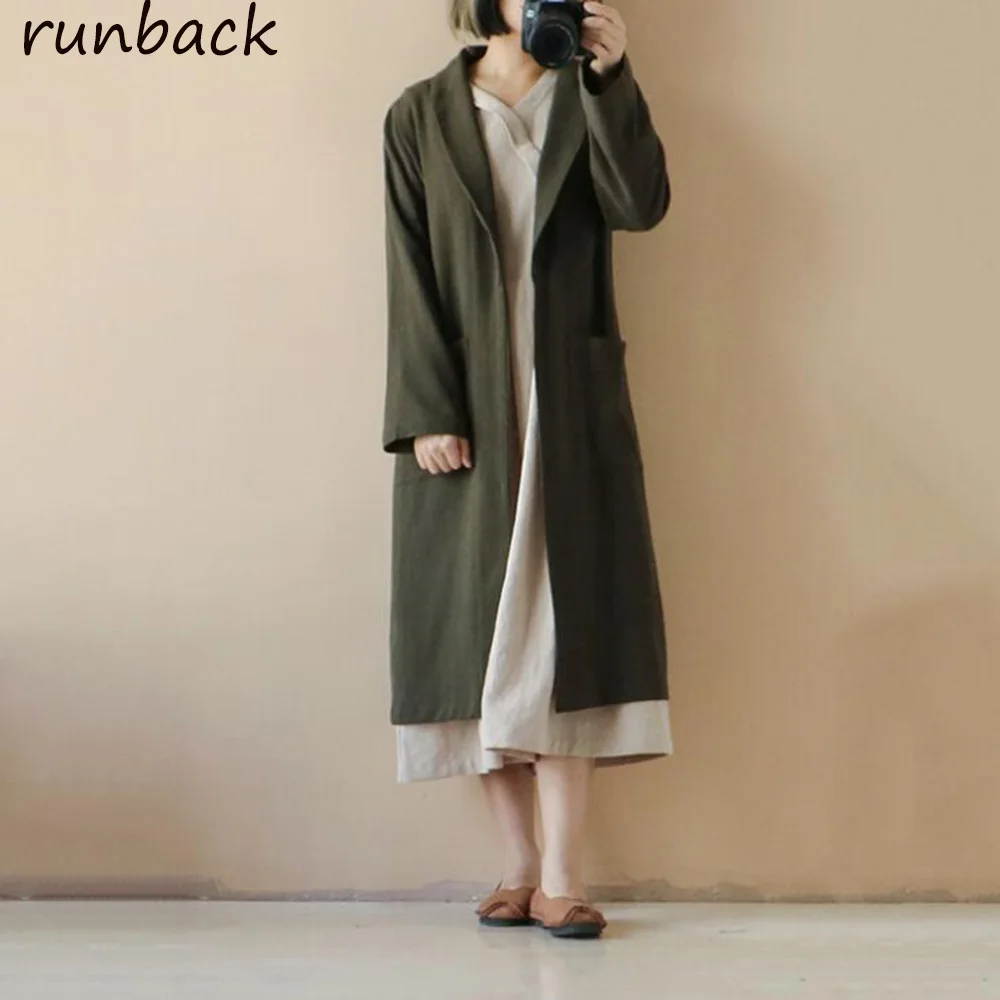 

2019 Spring Long Sleeve Open Stich Cotton Linen Solid Army Green Wine Red Turn Down Collar All Math Pockets Trench Hot Sale