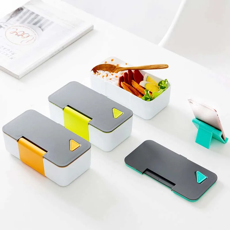 

650ML Creative Phone Stand Lunch Box Microwave Heating Portable Dinner LunchBox Zero Waste Flatware Lunch Bento Box Container