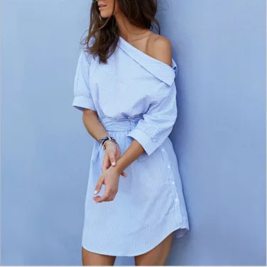 

2019 Spring Summer New Women's Fashion Lapel Solid Color Striped Button With Belt Shirt Dress Striped stitching high waist dress