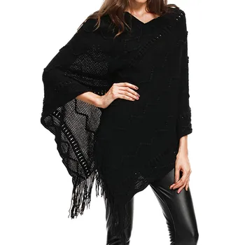 

Liva Girl Women British Style Poncho Winter Scarf Tassel Striped Cardigan Coat Knitted Poncho capes Warm Shawls Black Scarves F2