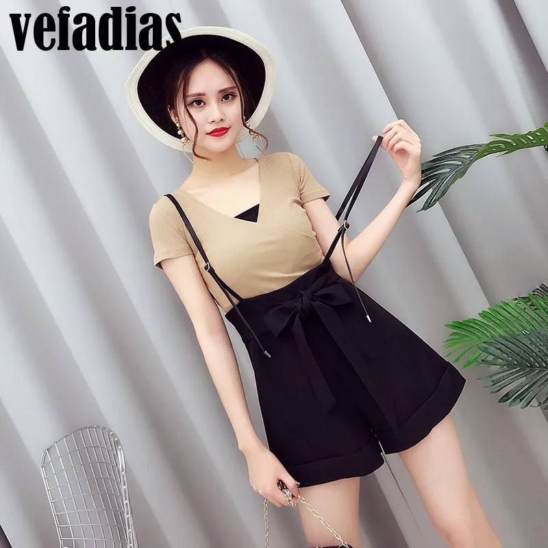 2017 Verão Novo Coreano Moda Mulher V Neck Manga Curta T camisa + Cintura Elástica Larga Perna Salopettes Calções Mulher Terno AL879