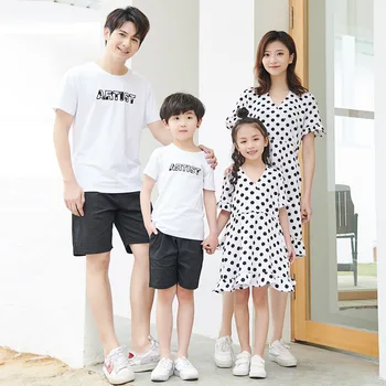 

Love U Mother Daughter Dresses Black White Dot Family Matching Outfits Father and Son Shirt+pants 2pcs Pajamas Summer Beach Suit