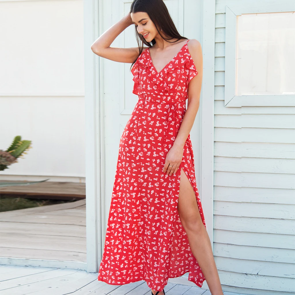 

Summer Beach Dress Boho Vintage Floral Peacock Print Long Dress Women 2019 Fashion Bandage V Neck Casual Vestidos Mujer