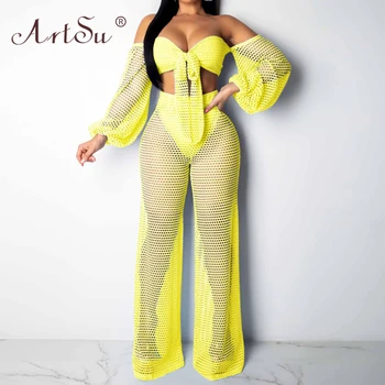

ArtSu Women Off Shoulder Crop Top + Long Pants 2 Piece Set Summer Fishnet Mesh Vacation Beach Wear Sexy Club Conjuntos De Mujer