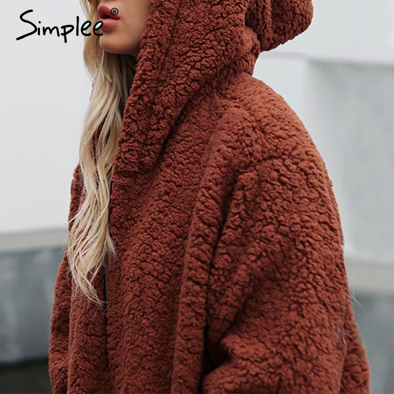 Simplee Faux lambswool thick women jacket coat plus size Winter warm teddy coat Hooded fur coat 2018 outerwear female overcoat