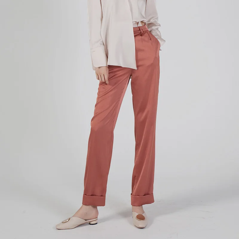 

Women's Trousers 2019 Summer Pure Color Simulation Silk Satin Straight Tube Flip Casual Fashion Pants Trousers Women