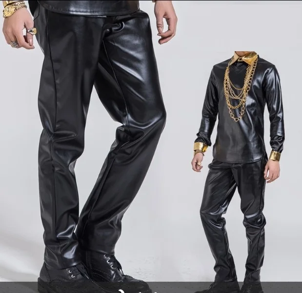 2015 New Black leather pants hiphop Jogger jogging Pants Men Casual