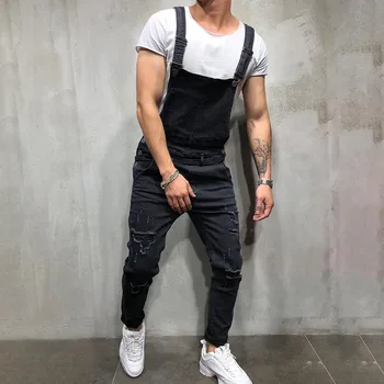 

Men Denim Jumpsuits Vintage Solid Color Holes Casual Bib Overalls -MX8
