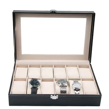 

Luxury 12 Grid Black Leather Watch Box Jewelry Display Collection Storage Case Watch Organizer Box With Transparent Glass Cover