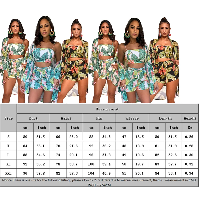 Женский цветочный принт 3 шт. бикини комплект без бретелек укороченный топ короткие брюки накидка с длинным рукавом модная летняя пляжная одежда