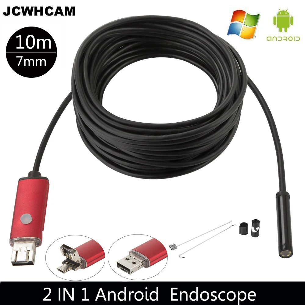 JCWHCAM 10M 보어 스코프 USB 카메라 내시경 7mm 2In1 OTG 마이크로 USB 내시경 검사 카메라 (안드로이드 / Win7 / 8 / 10 용 6 LED 포함)