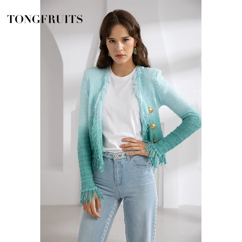 Spring Autumn Office Lady Women Gradient Blue Coats Irregular Outwears Double Breasted Cardigan Short Slim Tassel Jackets