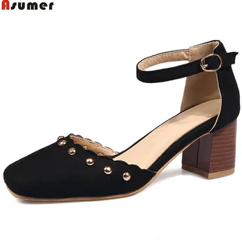 

ASUMER black brown square toe buckle fashion spring autumn shoes woman square heel flock casual ladies high heels shoes size 44
