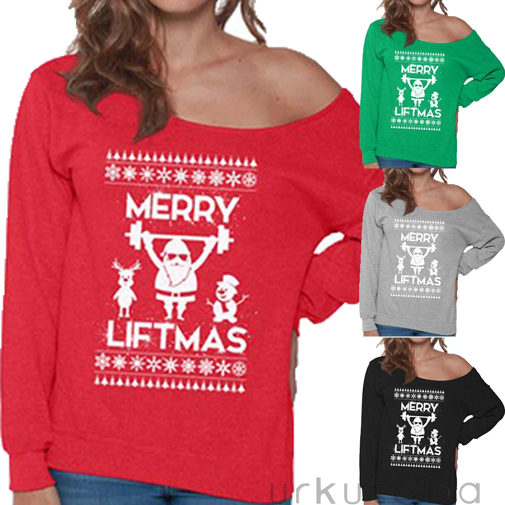 Merry Liftmas Для женщин толстовка с открытыми плечами рождественские Топы Oversize толстовки и кофты пуловер Толстая Свободные Для женщин толстовка