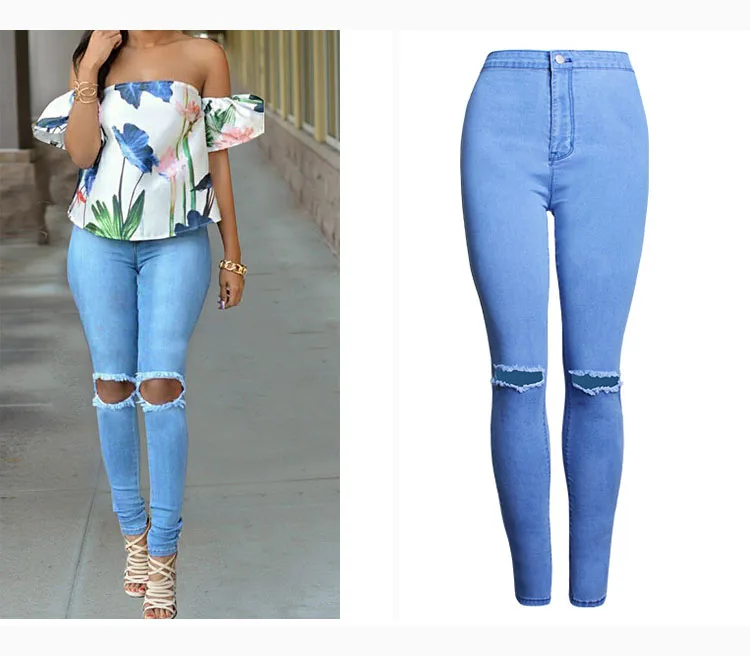 2017 Europe and the United States high waist stretch Slim thin pencil pants pure color hole feet women's jeans women (4)