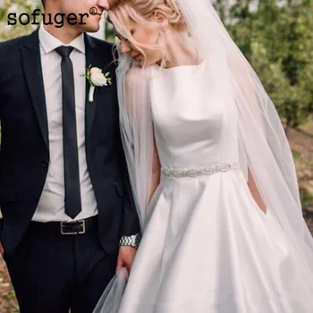 

2019 A-Line Stain Wedding Dress Train Backless Beaded Sash Bridal Gowns Robes De Mariee Vestido De Novia