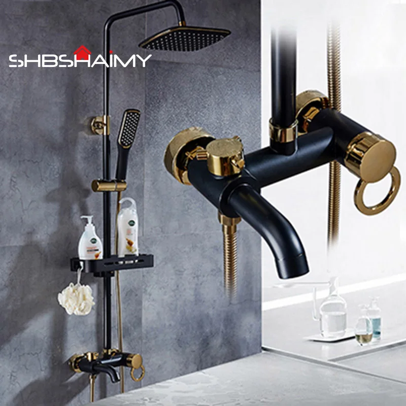 

Golden Black Color Rainfall Bath Shower Faucet Set Wall Mounted Bathroom Shower System Hand Shower Dual Handle Dual Control