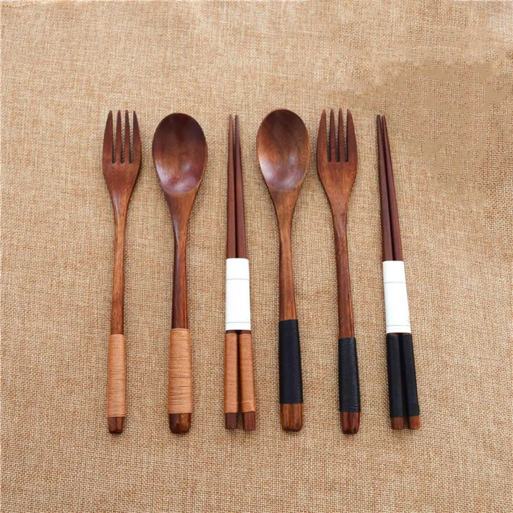 

Natural Wooden Cutlery Set Fork S-poon C-hopsticks Wood Tableware Set For Kitchen Picnic Salad Noodles