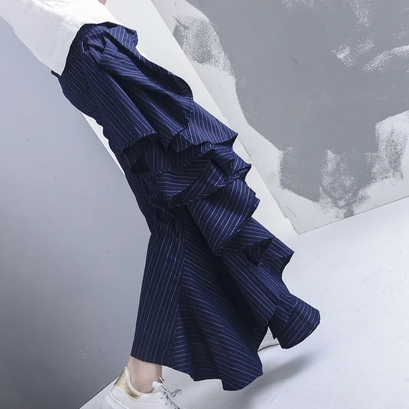 

ASYMSAY European Style Fashion Stripe Stitching Ruffles Asymmetry Flare Pants Women Casual High Waist Pants Slim Trousers AC2061