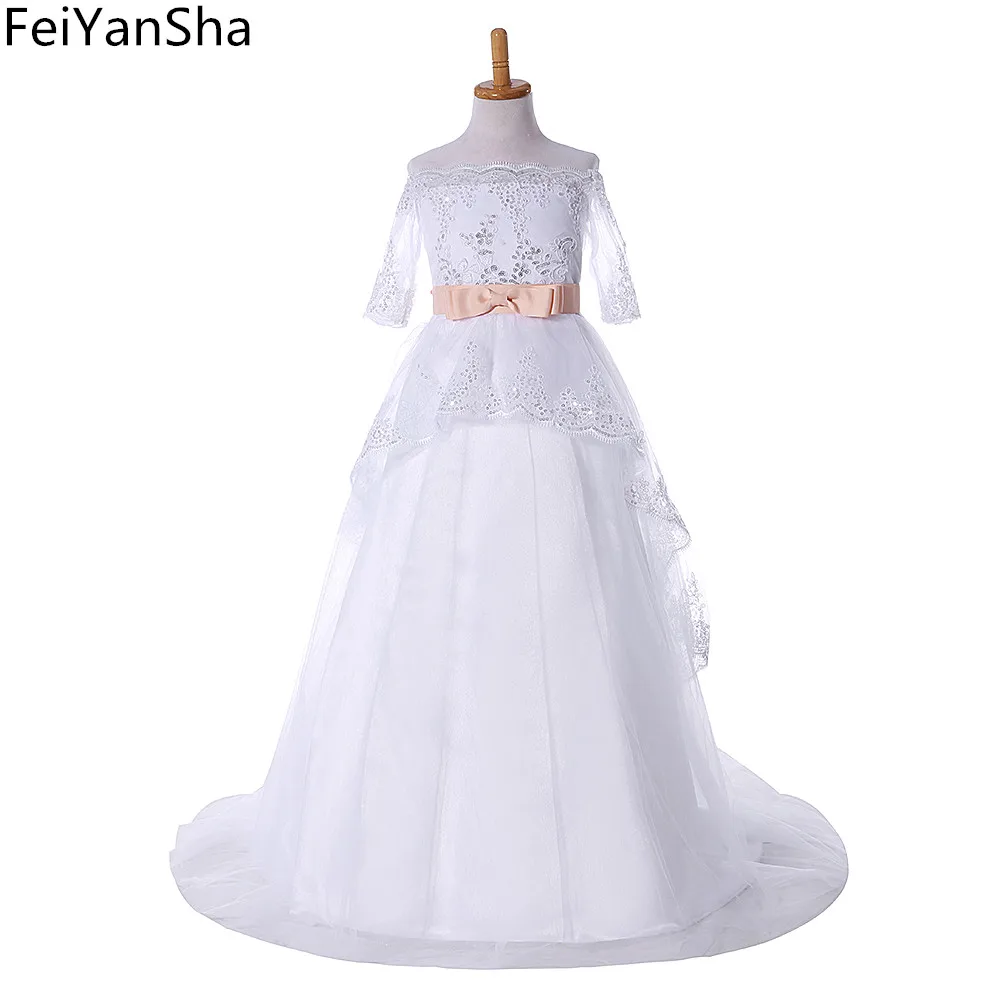 

FeiYanSha Flower Girl Dress 2018 First Communion Dresses For Girls Short Sleeve Belt With Flowers Customized