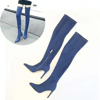 

Fashion Ladies Winter Boots Stretch Denim Boots Woman High-heeled Shoes Women Thigh High Boots Chaussure Plus Size EUR 35-42