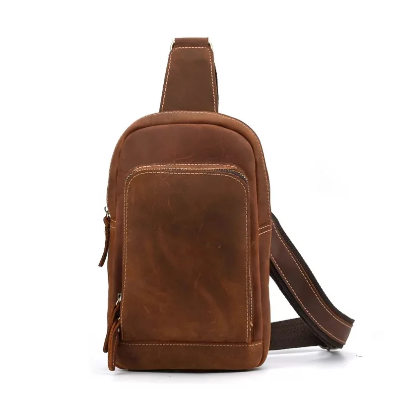 

Vintage Casual Designer Genuine Crazy Horse Leather Zipper Closure Men's Small Chest Bag Real Cowskin Male Cross Shoulder Bag