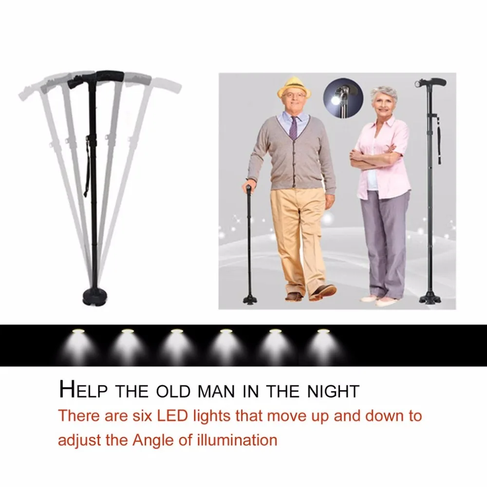 Светодиодный светильник, складная безопасная трость для пожилых людей, 4 головки, поворотная верная база для Т-образного руля, треккинга, походов, палок, трость для пожилых