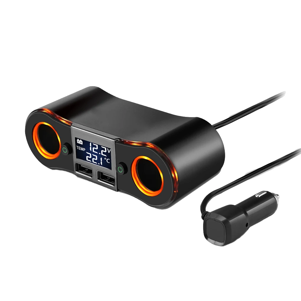 

80W 1 to 2 Car Cigarette Lighter Socket Splitter LCD Display Separated Switch Control Dual USB Fast Charging