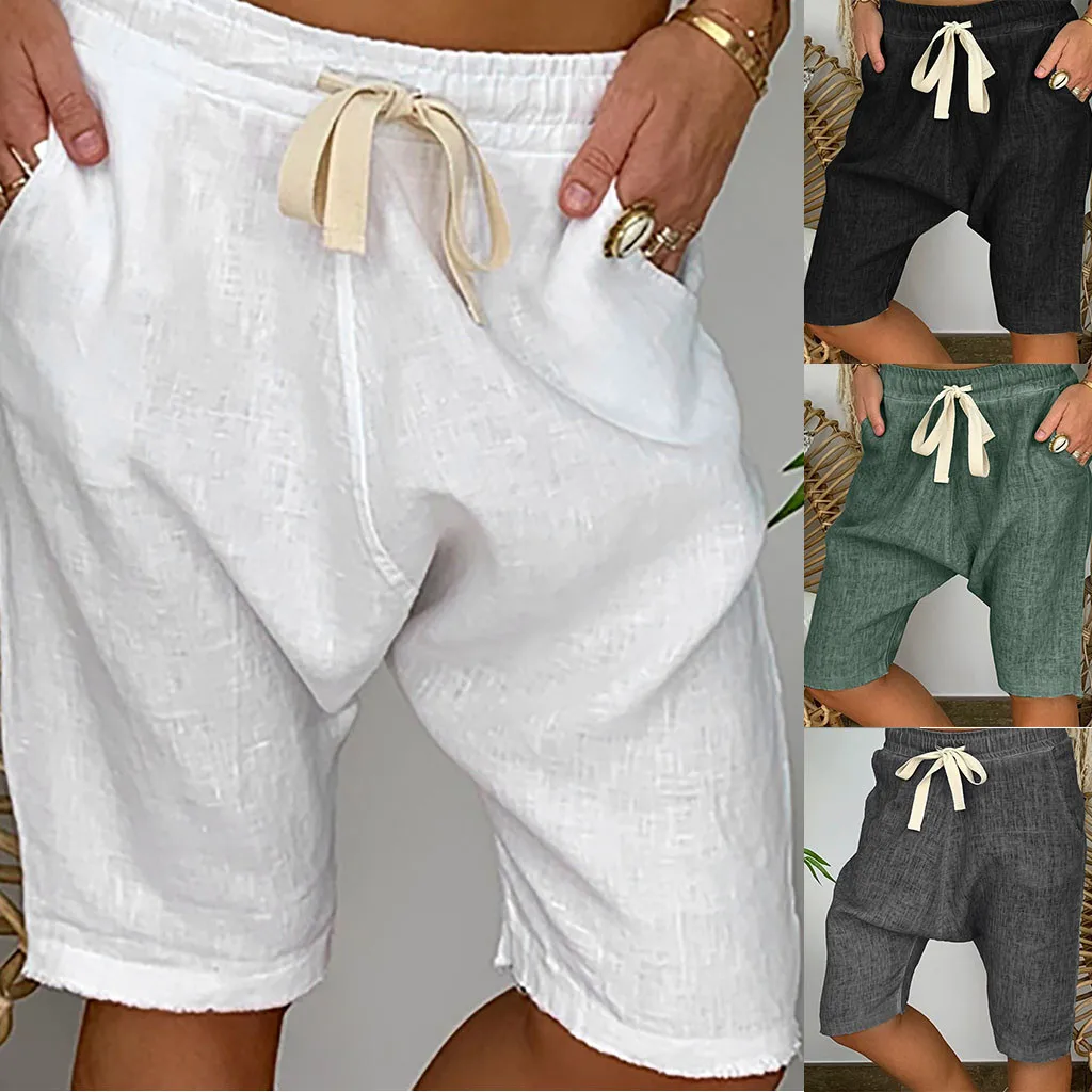 

New Summer Women Plus Size Short Pant Comfort Straight Wide Leg Loose Solid White Pocket Trousers Pants Pantalones cortos#G20