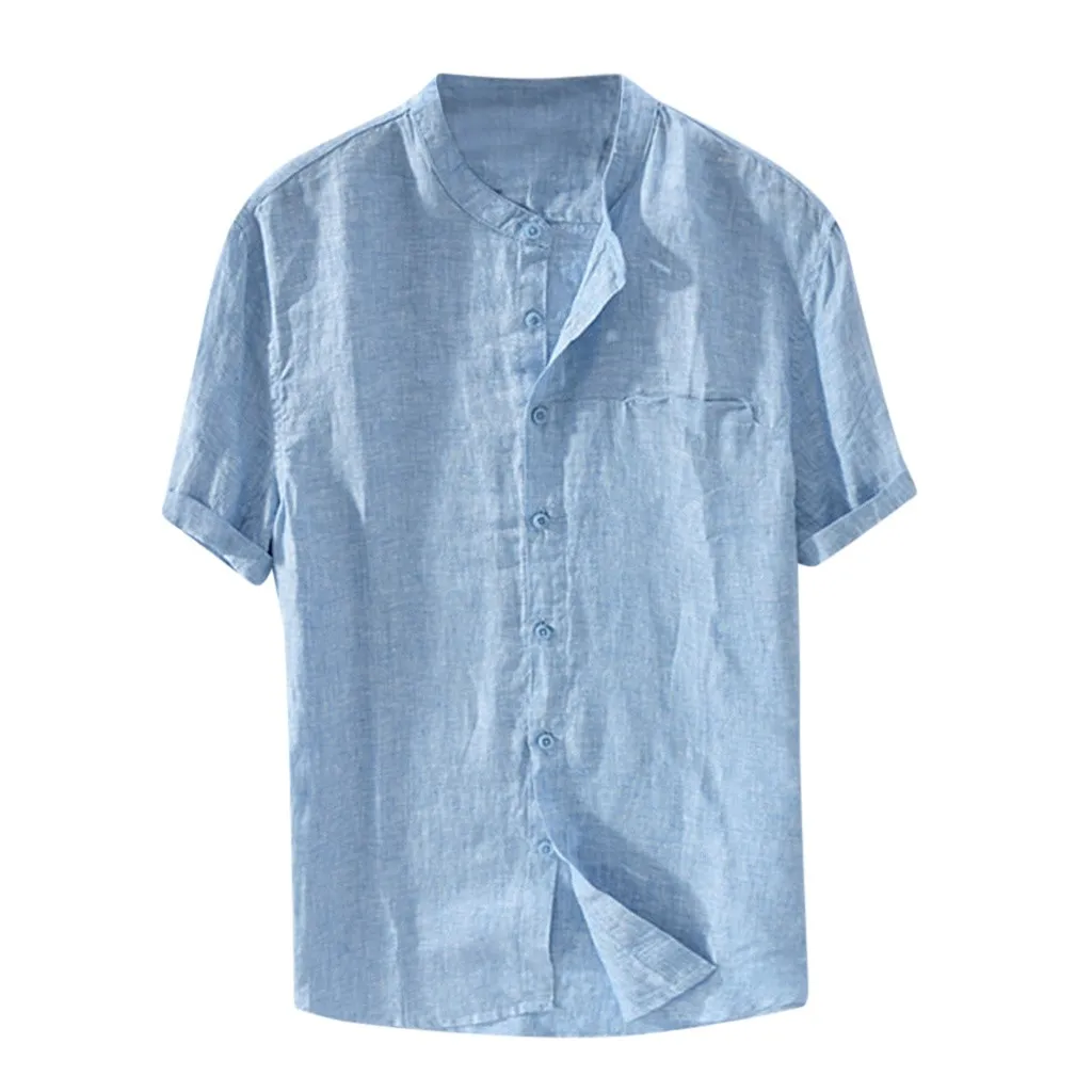 Womail мужская летняя рубашка с коротким рукавом, мешковатые хлопковые однотонные пляжные рубашки на пуговицах, повседневные Ретро высококачественные новые модные А17 - Цвет: LB