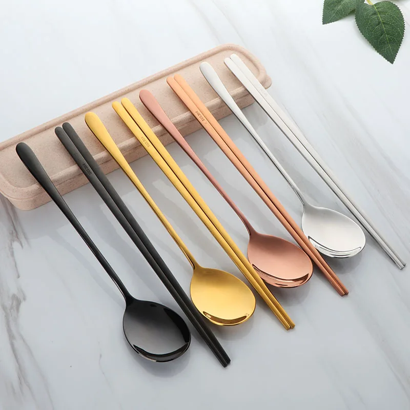 

Korean Eco-friendly Metal Chopsticks Spoon Long Handle Cutlery Set Kids Outdoor Portable Picnic Tableware Set Stocked Chopstick