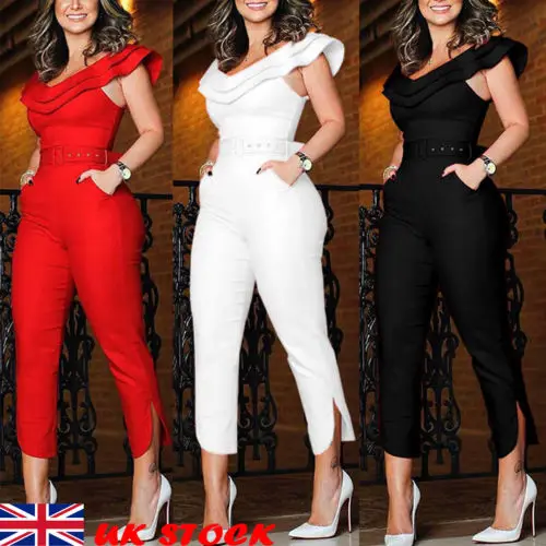 

2019 Women Solid Ruffles Womens Short Sleeve Off Shoulder Jumpsuit High Waist Rompers Party Evening Playsuit