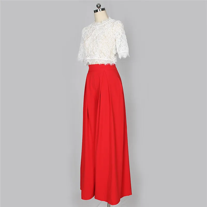 ANJAMANOR, летний женский комплект из двух предметов, модная одежда, белый кружевной топ с коротким рукавом и свободные широкие штаны, костюм, D48-AF47