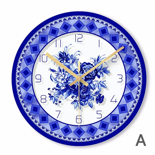 Китайские традиционные синие и белые домашние декоративные настенные часы, кварцевые круглые часы, Стеклянные Настенные часы, украшение для гостиной - Цвет: A