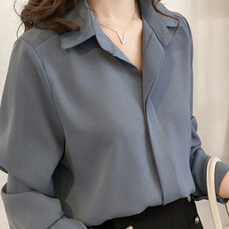 Pantalon 2019 корейский шифон Ulzzang блузка femme Turn-Down Воротник v-образный вырез с длинным рукавом рубашки Blusas Mujer Корейский Топ Прямая поставка