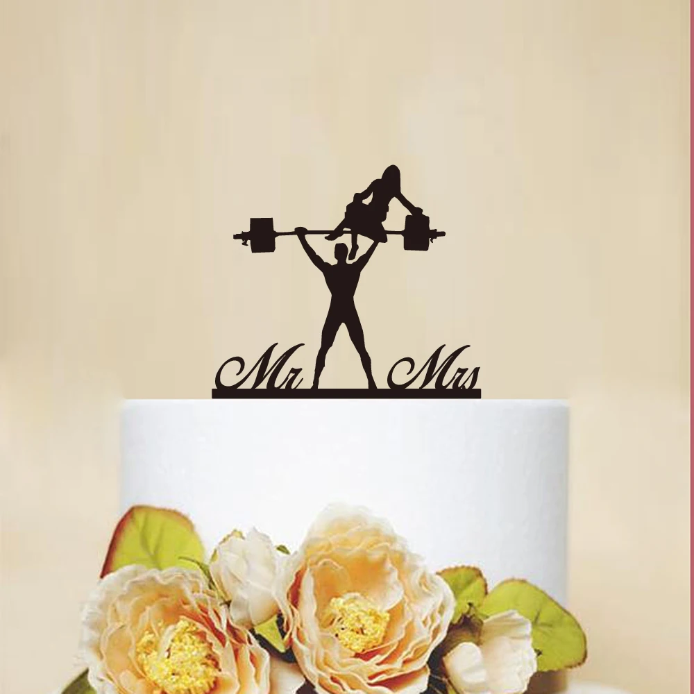 Wedding Cake Topper Funny Fitness Bride Groom Mr Mrs Acrylic Black weightlifting Cake Toppers Wedding Decoration Mariage Party Supplies Adult Favors (5)