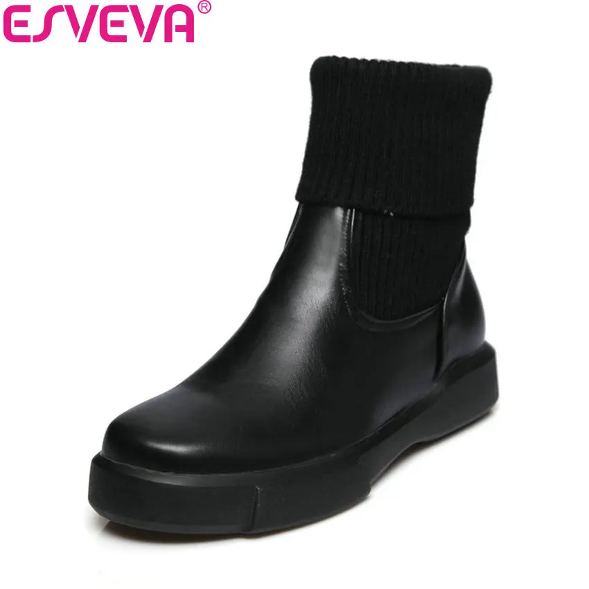 Goede ESVEVA 2018 Vrouwen Laarzen Wollen Out Deur Slip Op Laarzen Lage Hakken Slanke Look Enkellaars Zwart Handgemaakte Dames Laarzen maat 34 43