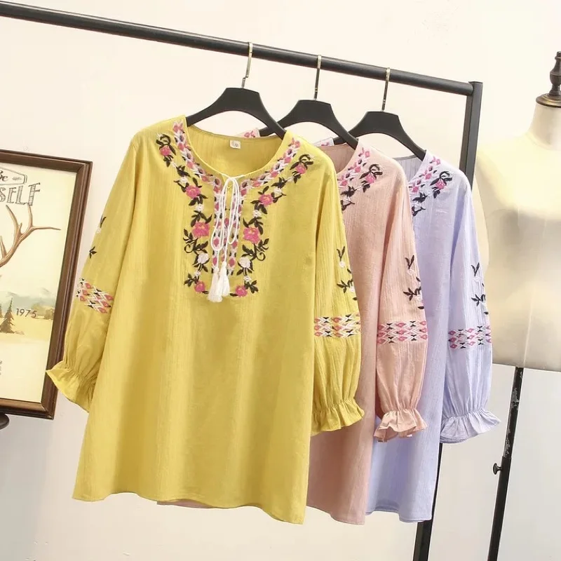 

Ubetoku 2019Women's Spring Full Sleeve Blouse Flower Embroidery Tie Pullover Tops Plus Size Women Clothing(T244)