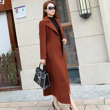 Осень Зима Женское корейское тонкое длинное шерстяное пальто с поясом, женское элегантное шерстяное пальто размера плюс, Женское пальто R44